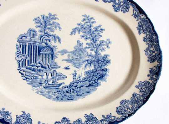 Antique Transferware Small Blue and White Serving Platter with Fishing Scene