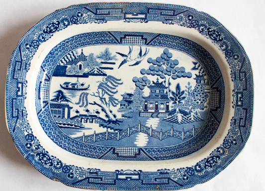 Antique Willow Pattern Small Blue and White Transferware Serving Platter