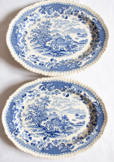 Woods Burslem England 'Seaforth' Blue and White Transferware Small Oval Serving Platters (2)