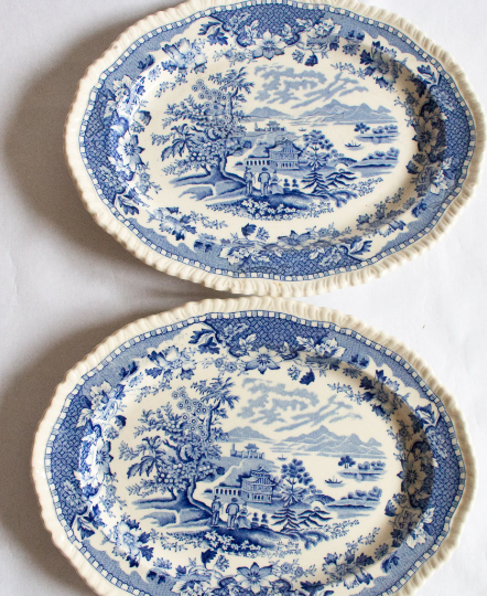 Woods Burslem England 'Seaforth' Blue and White Transferware Small Oval Serving Platters (2)