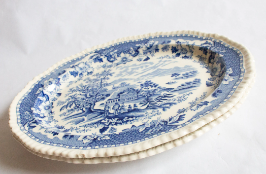 Woods Burslem England 'Seaforth' Blue and White Transferware Small Oval Serving Platters (2)