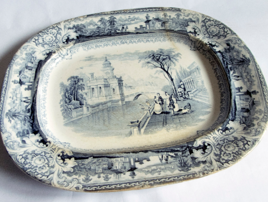 Antique 'Indian Stone' China 'Italy' Pattern Blue and White Transferware Meat Platter