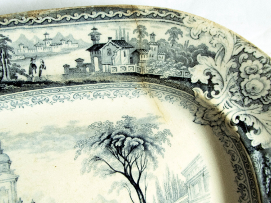 Antique 'Indian Stone' China 'Italy' Pattern Blue and White Transferware Meat Platter