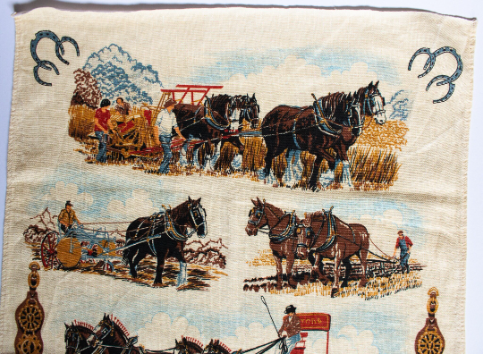 Vintage Linen Cotton Tea Towel with Shire Horses Illustration 'Gentle Giants'