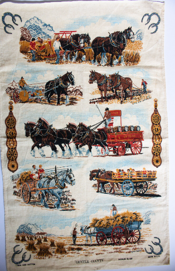 Vintage Linen Cotton Tea Towel with Shire Horses Illustration 'Gentle Giants'