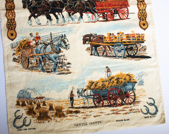 Vintage Linen Cotton Tea Towel with Shire Horses Illustration 'Gentle Giants'