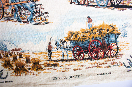 Vintage Linen Cotton Tea Towel with Shire Horses Illustration 'Gentle Giants'