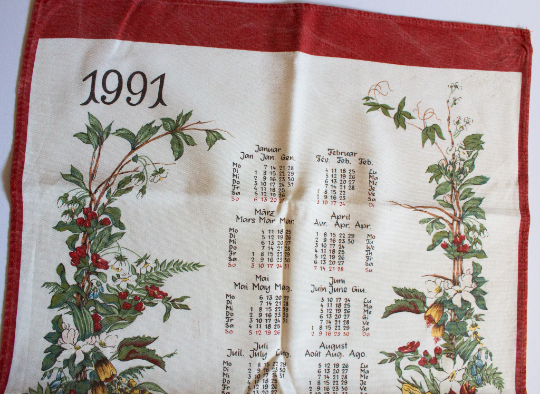 Vintage 1991 Calendar Tea Towel with Botanical Floral Detail