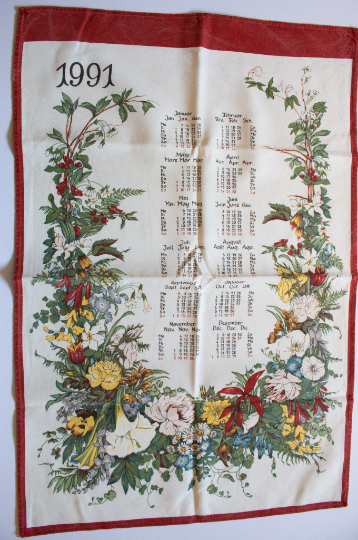 Vintage 1991 Calendar Tea Towel with Botanical Floral Detail