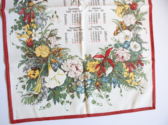 Vintage 1991 Calendar Tea Towel with Botanical Floral Detail