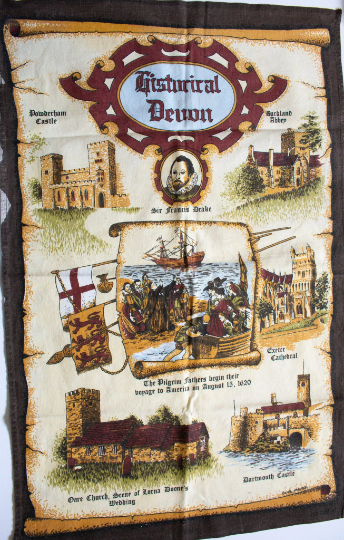 Vintage 'Historical Devon' Tea Towel