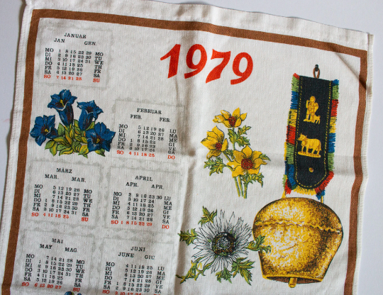 Vintage 1979 Calendar Tea Towel with Floral Print