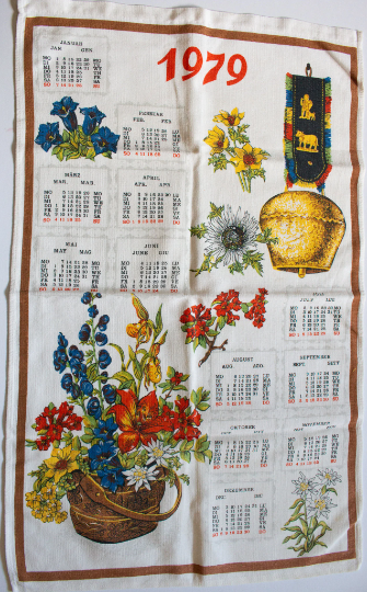 Vintage 1979 Calendar Tea Towel with Floral Print