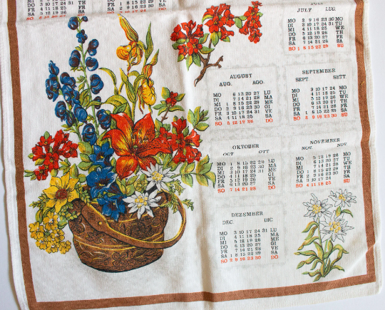 Vintage 1979 Calendar Tea Towel with Floral Print