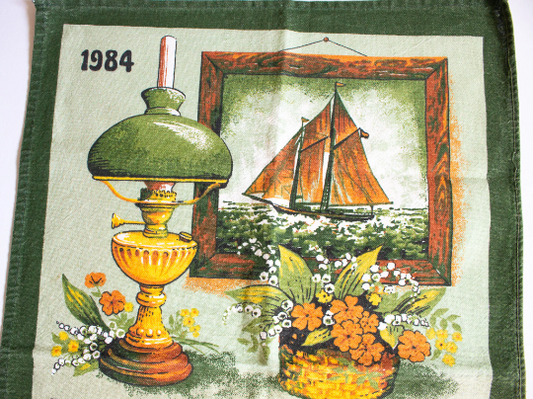 Vintage 1984 Calendar Tea Towel with Oil Lamp and Sailing Ship Print