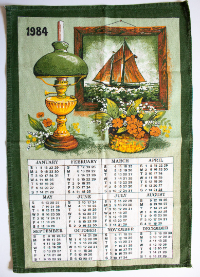 Vintage 1984 Calendar Tea Towel with Oil Lamp and Sailing Ship Print