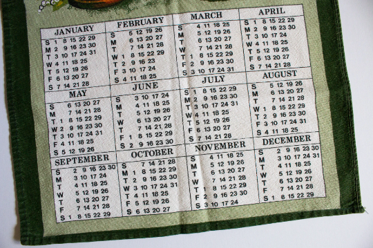 Vintage 1984 Calendar Tea Towel with Oil Lamp and Sailing Ship Print