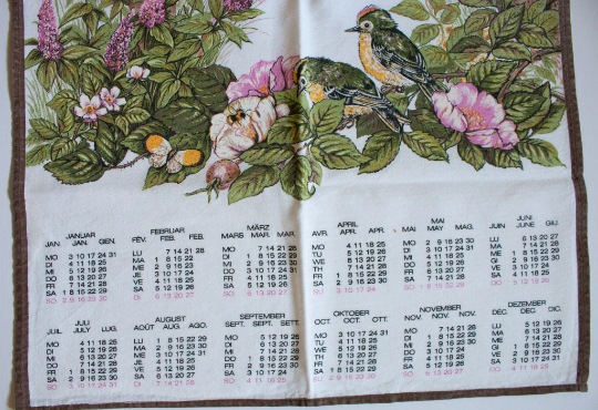 Vintage 1994 Calendar Tea Towel with Nesting Birds in Tree Print