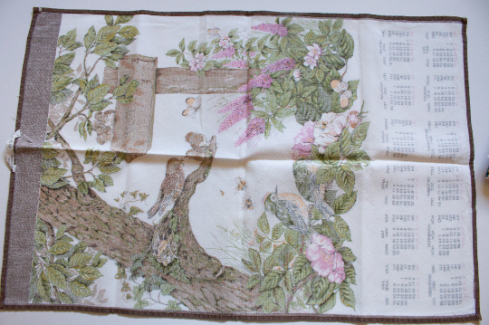 Vintage 1994 Calendar Tea Towel with Nesting Birds in Tree Print