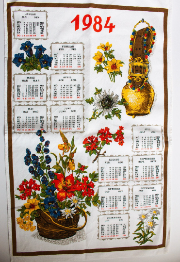 Vintage 1984 Calendar Tea Towel with Floral Print