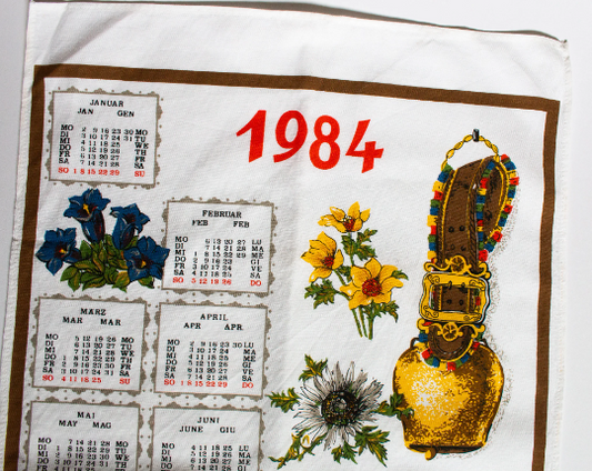 Vintage 1984 Calendar Tea Towel with Floral Print