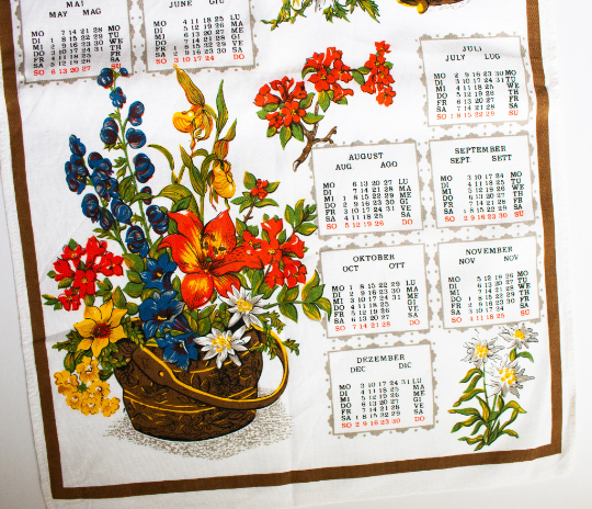 Vintage 1984 Calendar Tea Towel with Floral Print