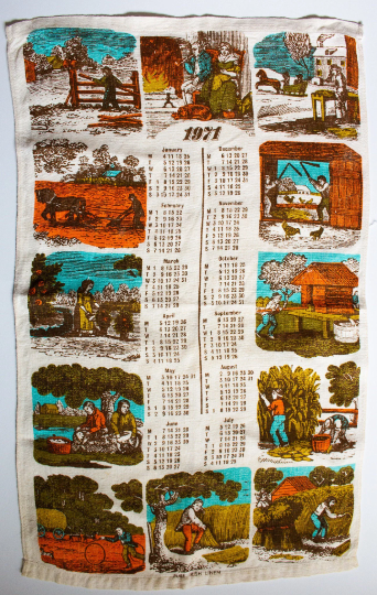 Vintage 1971 Calendar Linen Mix Tea Towel with Rural and Farming Scenes Print