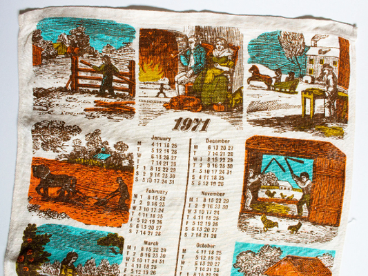 Vintage 1971 Calendar Linen Mix Tea Towel with Rural and Farming Scenes Print