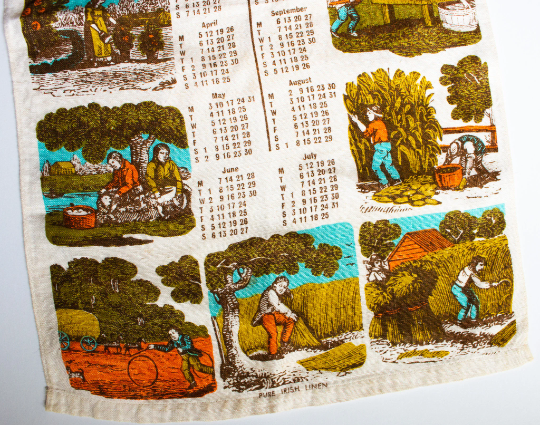 Vintage 1971 Calendar Linen Mix Tea Towel with Rural and Farming Scenes Print