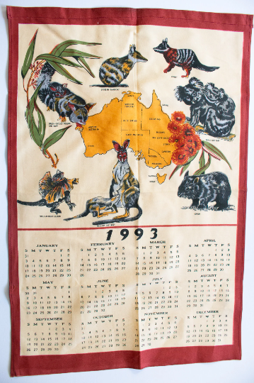 Vintage 1993 Australian Tourist Wildlife Calendar Tea Towel