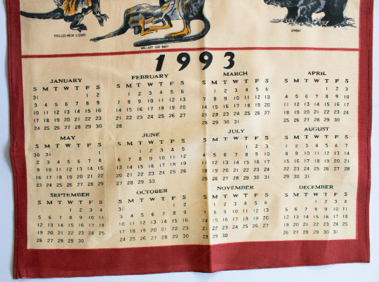 Vintage 1993 Australian Tourist Wildlife Calendar Tea Towel