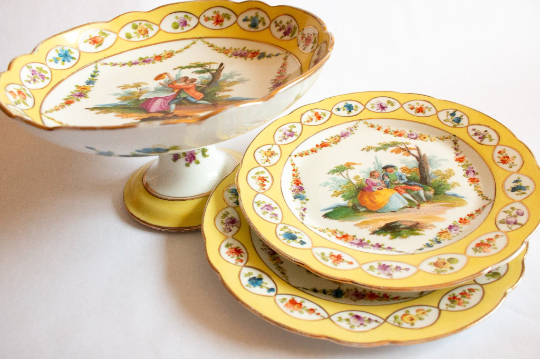 Antique Yellow and Floral Comport and Plates with Romantic Pastoral Scenes