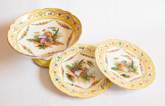 Antique Yellow and Floral Comport and Plates with Romantic Pastoral Scenes