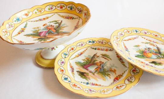 Antique Yellow and Floral Comport and Plates with Romantic Pastoral Scenes