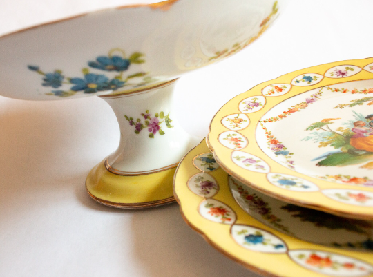 Antique Yellow and Floral Comport and Plates with Romantic Pastoral Scenes