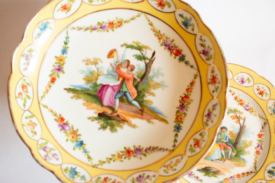 Antique Yellow and Floral Comport and Plates with Romantic Pastoral Scenes