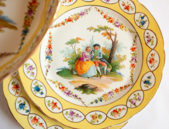 Antique Yellow and Floral Comport and Plates with Romantic Pastoral Scenes