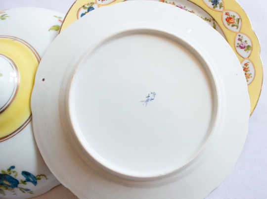 Antique Yellow and Floral Comport and Plates with Romantic Pastoral Scenes