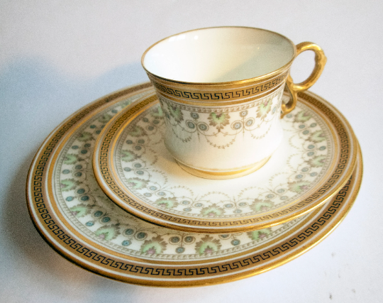 Cauldon Ltd. Gilded Antique China Teacup Trio with Greek Key and Floral Detail