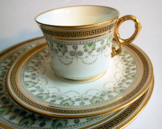 Cauldon Ltd. Gilded Antique China Teacup Trio with Greek Key and Floral Detail