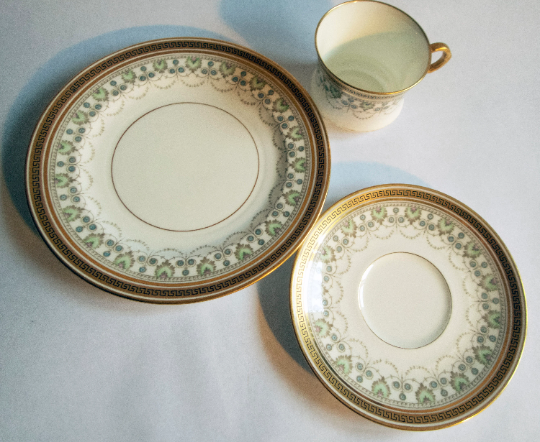 Cauldon Ltd. Gilded Antique China Teacup Trio with Greek Key and Floral Detail