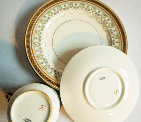 Cauldon Ltd. Gilded Antique China Teacup Trio with Greek Key and Floral Detail