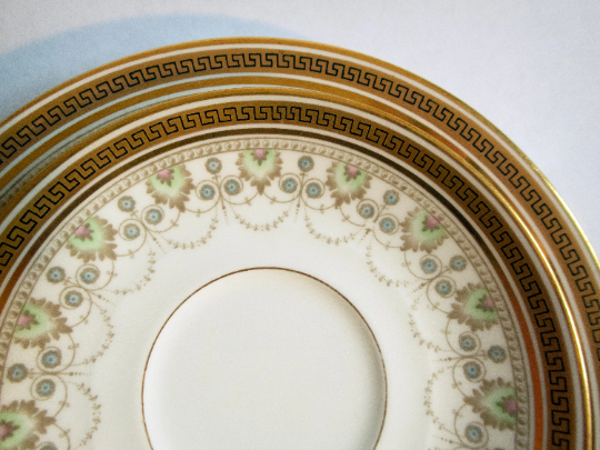 Cauldon Ltd. Gilded Antique China Teacup Trio with Greek Key and Floral Detail