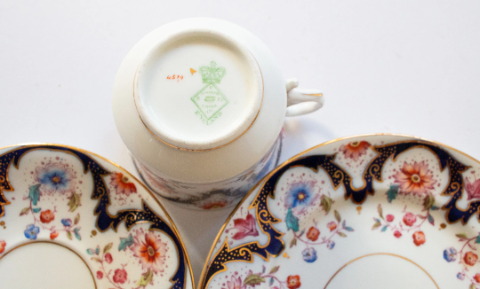 Blythe Porcelain Co. Ltd. Diamond China Teacup Trio with Floral and Gilt Detail