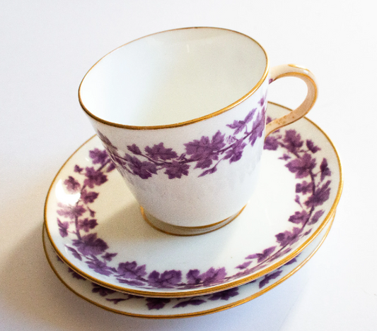 Vintage Purple Floral China Teacup Trio with Gilt Detail