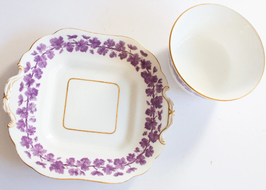 Vintage Purple Floral China Cake Plate and Sugar Bowl