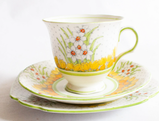 Melba Bone China Springtime Daffodil Pattern Floral Teacup and Saucer Trio