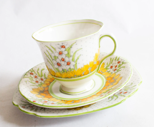 Melba Bone China Springtime Daffodil Pattern Floral Teacup and Saucer Trio