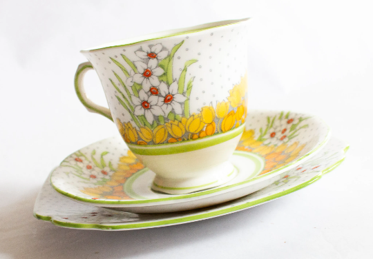 Melba Bone China Springtime Daffodil Pattern Floral Teacup and Saucer Trio