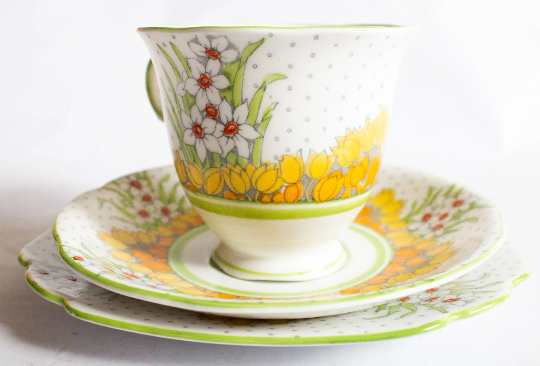 Melba Bone China Springtime Daffodil Pattern Floral Teacup and Saucer Trio